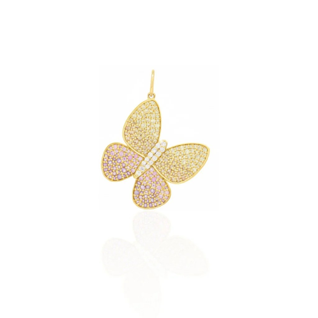 Butterfly Round Diamonds & Sapphire Fine 14k Yellow Gold Pendant With Amethyst