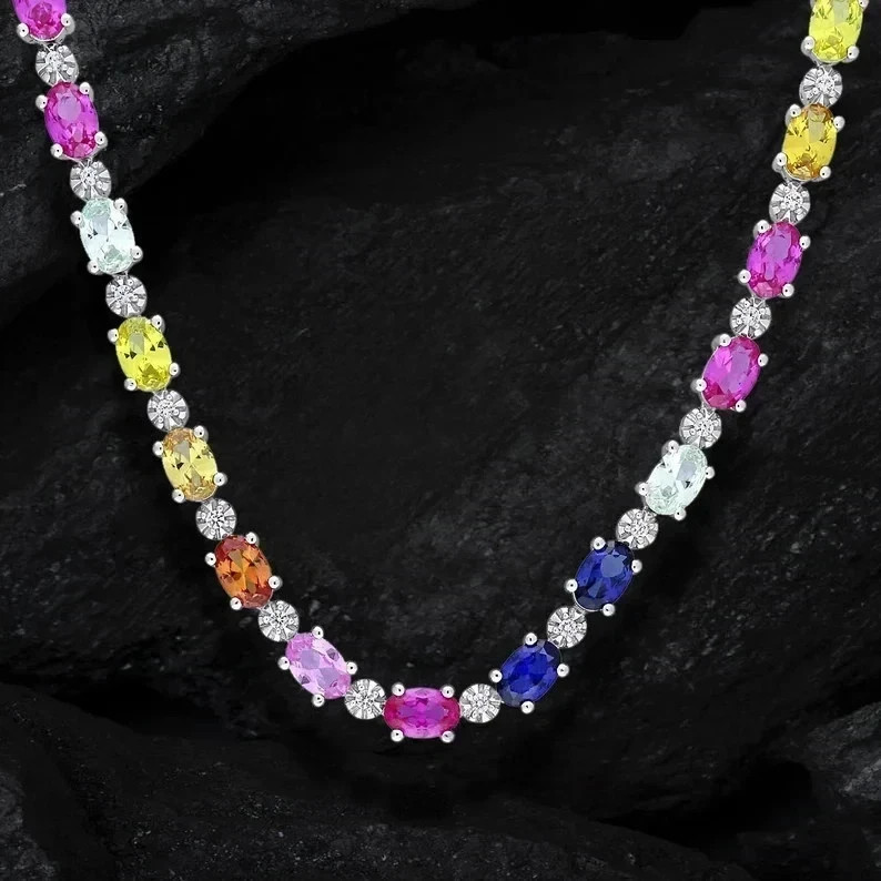 Lab Created Multi Color Sapphire Tennis 18 ” Necklace 14K Yellow Gold Plated