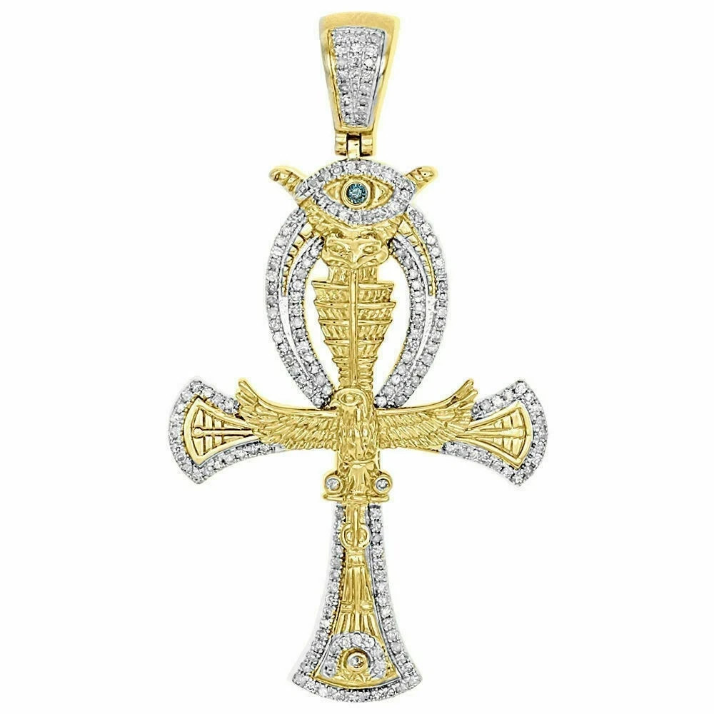 1Ct Lab Created Diamond Horus Eagle Ankh Cross Pendant 14K Yellow Gold Finish
