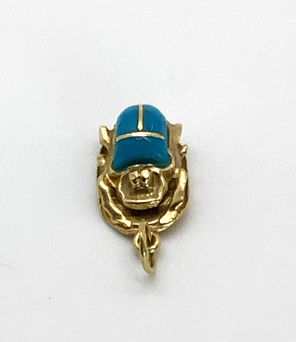 18K Yellow Gold Egyptian Revival Turquoise Scarab Beetle Pendant