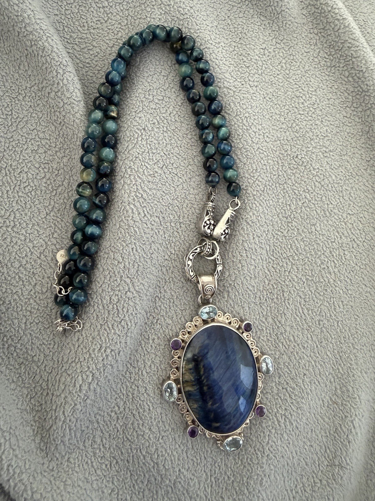 Stunning Beria Collection Blue Tiger’s-Eye pendant and necklace S/S