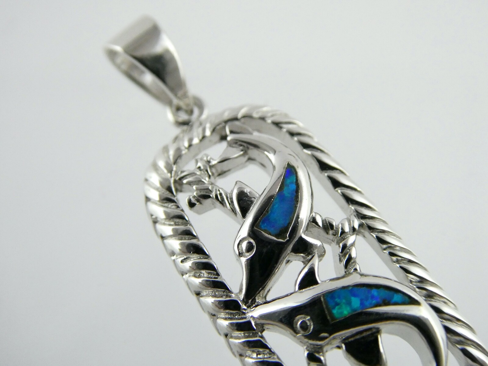 Sterling Silver Simulated Blue Opal Inlay Two Dolphin Pendant 925 5.3g 1 3/8 In