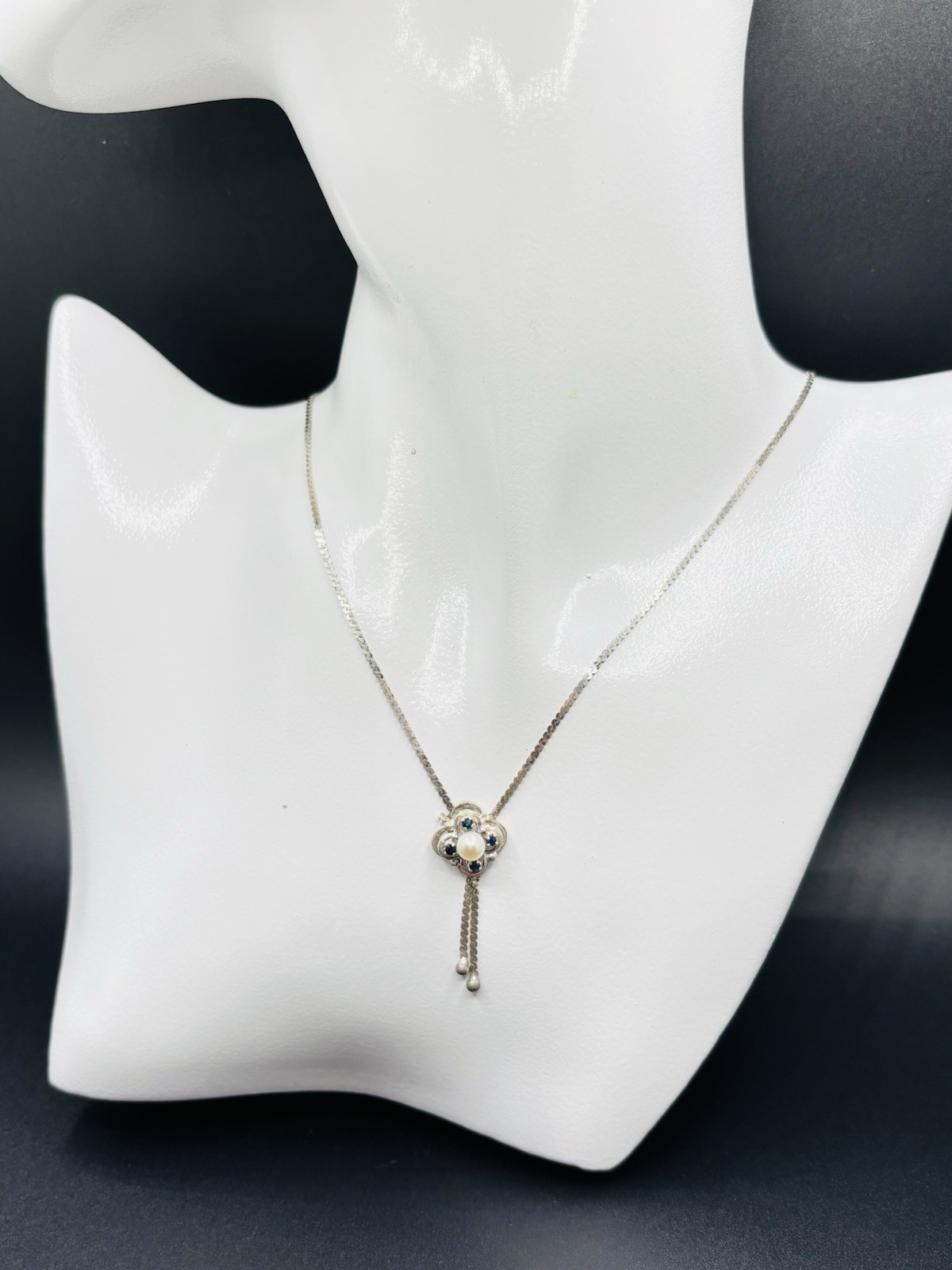 Vintage 835 German Silver Genuine Sapphire & Pearl Pendant Necklace 16.5”