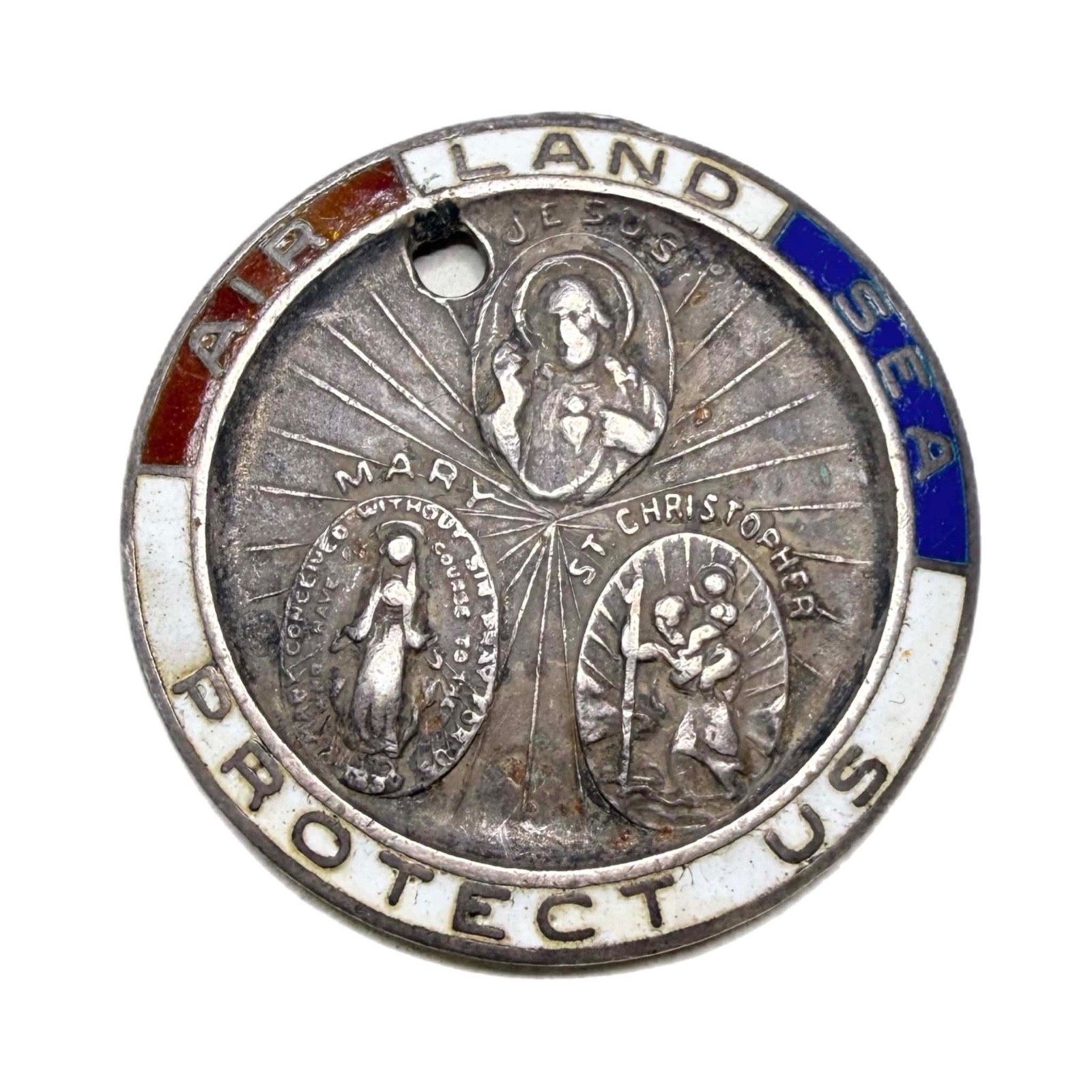 LUX Vtg Sterling + Enamel Saint Medal, Jesus, Mary, St Christopher, Pendant