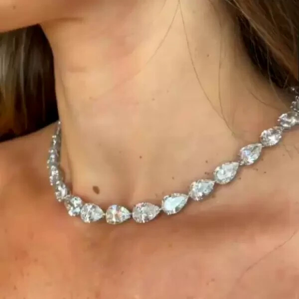 36Ct Pear Cut Lab Created White Sapphire Chain Necklace 14k White Gold Over 16In