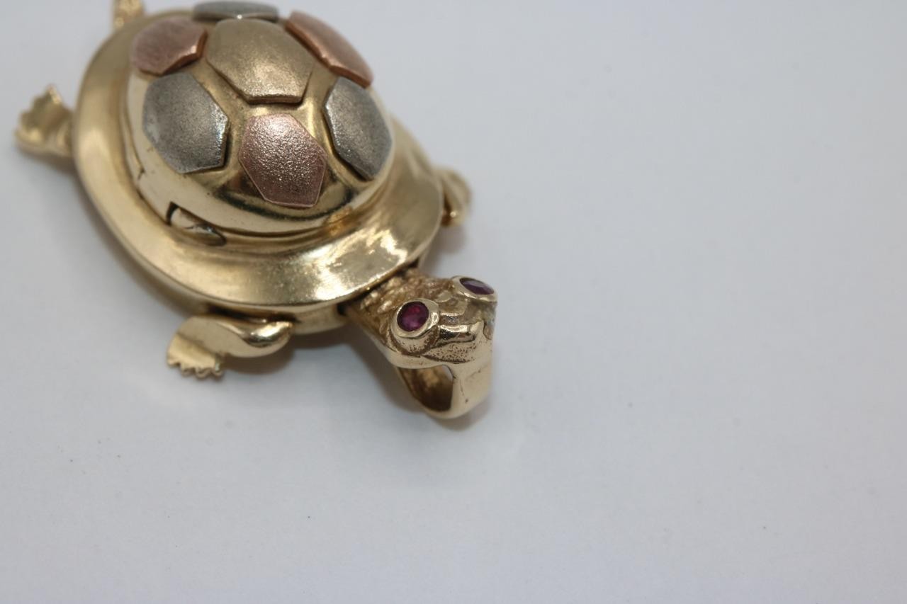 14K Tri Color Gold Turtle Pendant Charm with Red Stones Religious Virgin Mary