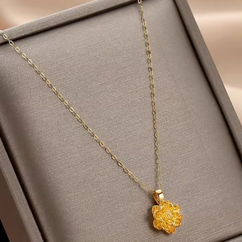 Real Pure 999 24K Yellow Gold Lotus Pendant With AU750 18K O Link Necklace 17.9″