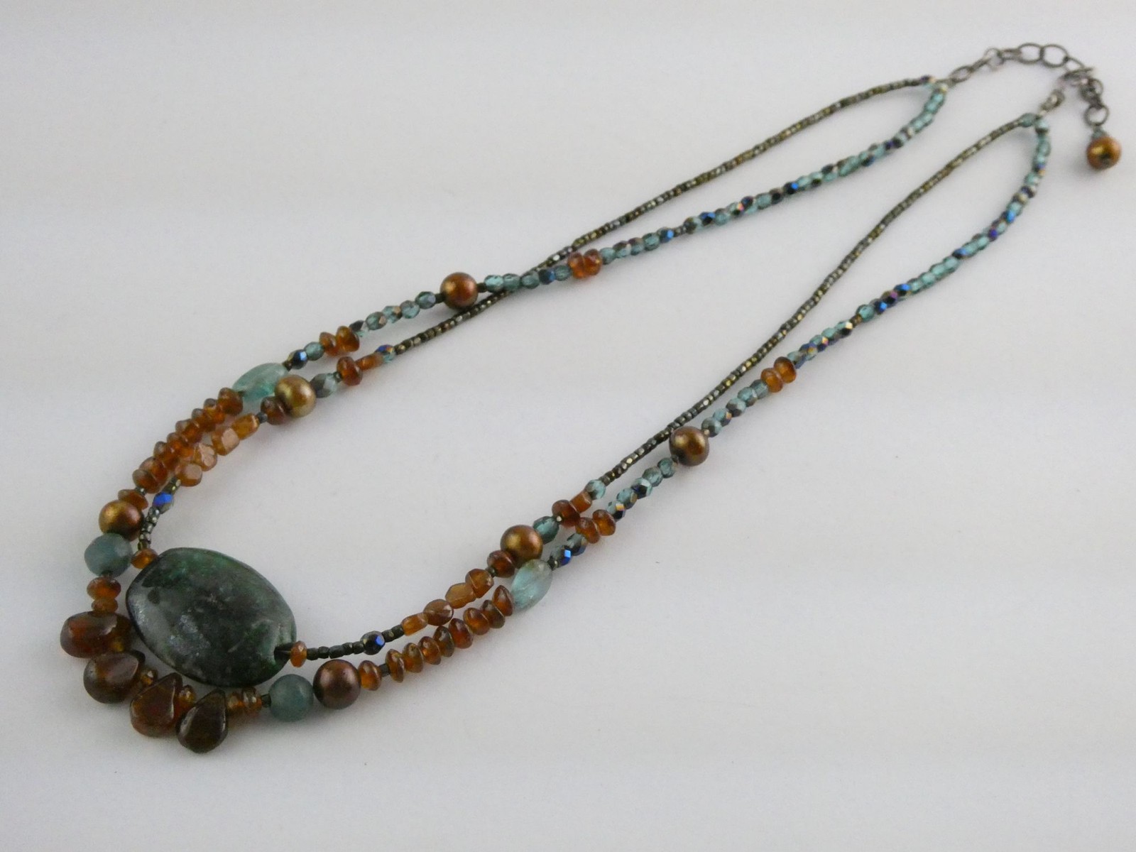 Sterling Silver Amber Chrysocolla Multi Gemstone Two Strand Necklace 17.5 In 19g