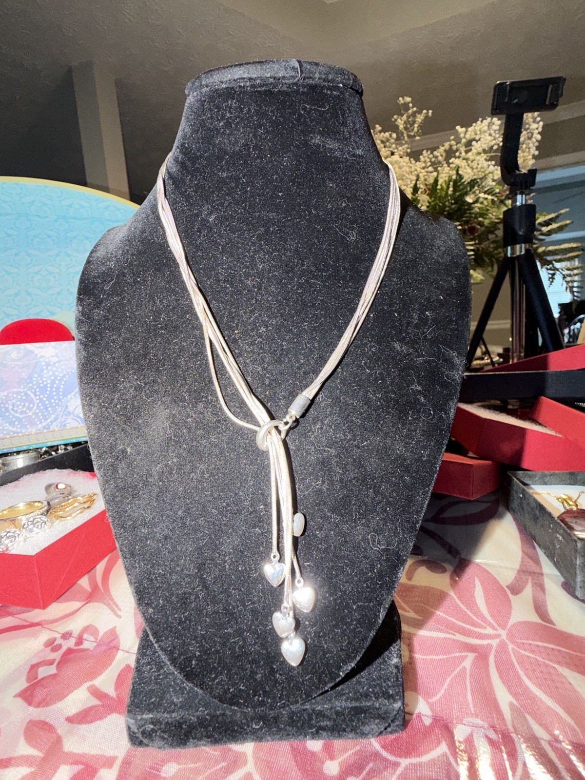 Sterling Silver 925 Snake Chain Lariat Necklace w/ Heart Drop Pendant Signed