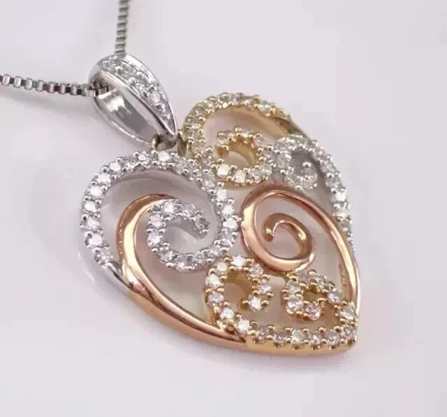 1Ct Round Cut Real Moissanite Heart Art Deco Pendant 14K Two Tone Gold Plated