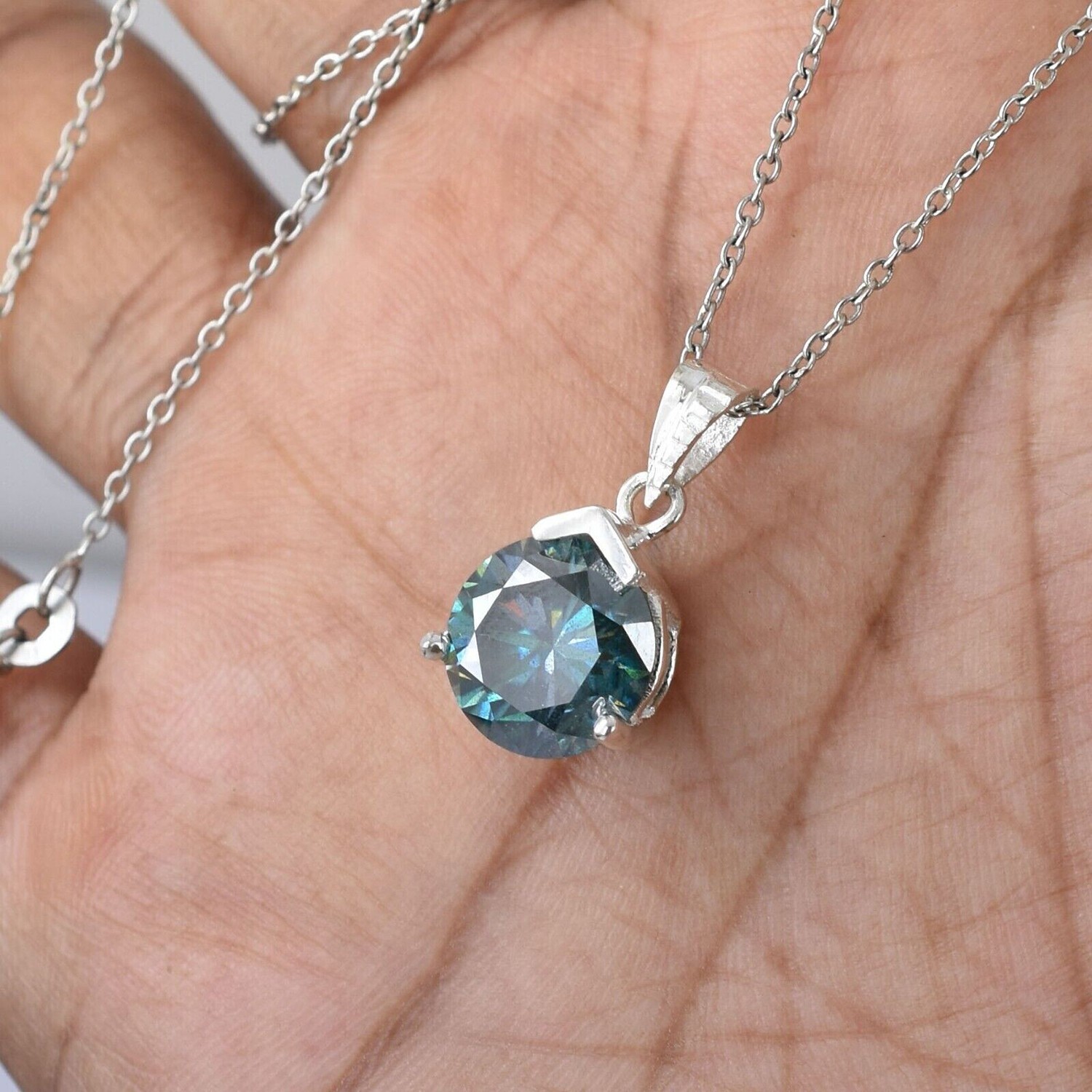 Teal Blue Round Lab Diamond Necklace 2.4Ct 925 Sterling Silver Special Gift