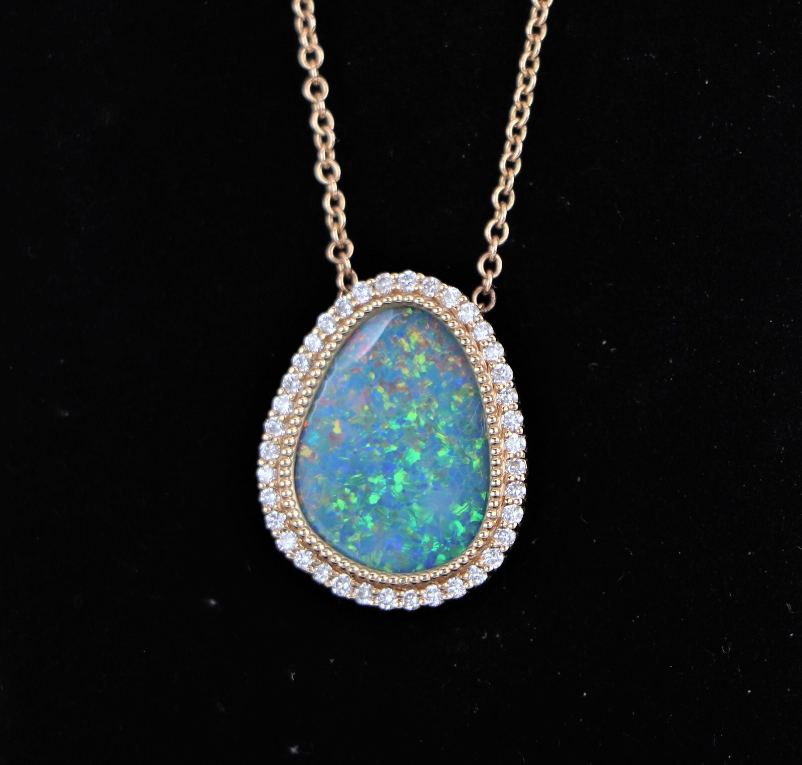 14k Yellow Gold 0.20ct Pave Set Diamond Inlaid Opal Beaded Pendant 16” Necklace