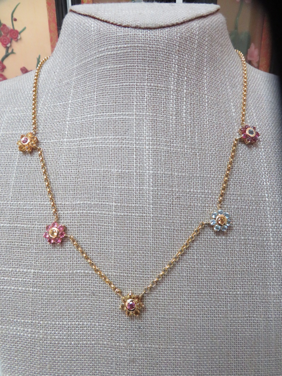 18″ 14k Solid Yellow Gold Rolo chain Multi Color Gemstone Necklace 6.08 G (#402)