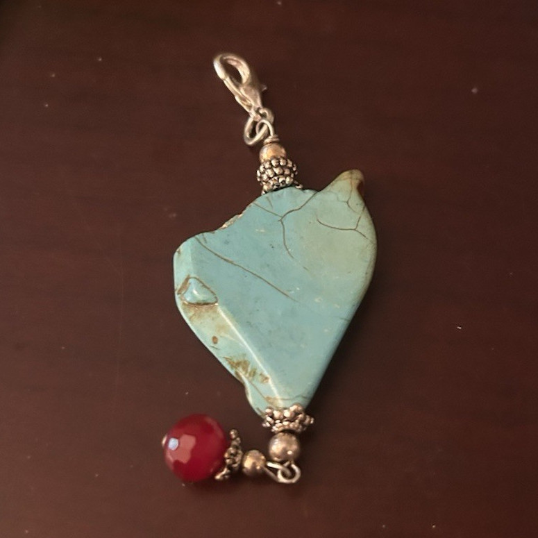 Sterling Silver 925 Turquoise Freeform Asymmetrical Charm Pendant Red Bead