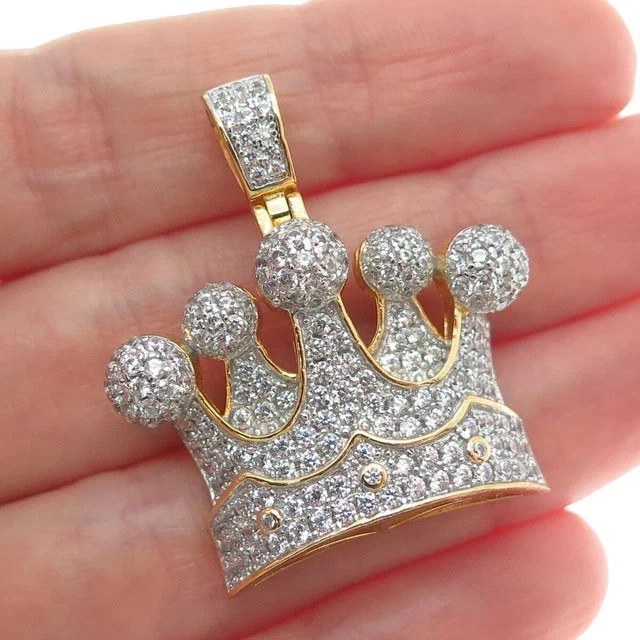 Crown Sparkle Pendant Gift For Him 14k Yellow Gold Round Cut Natural Diamond