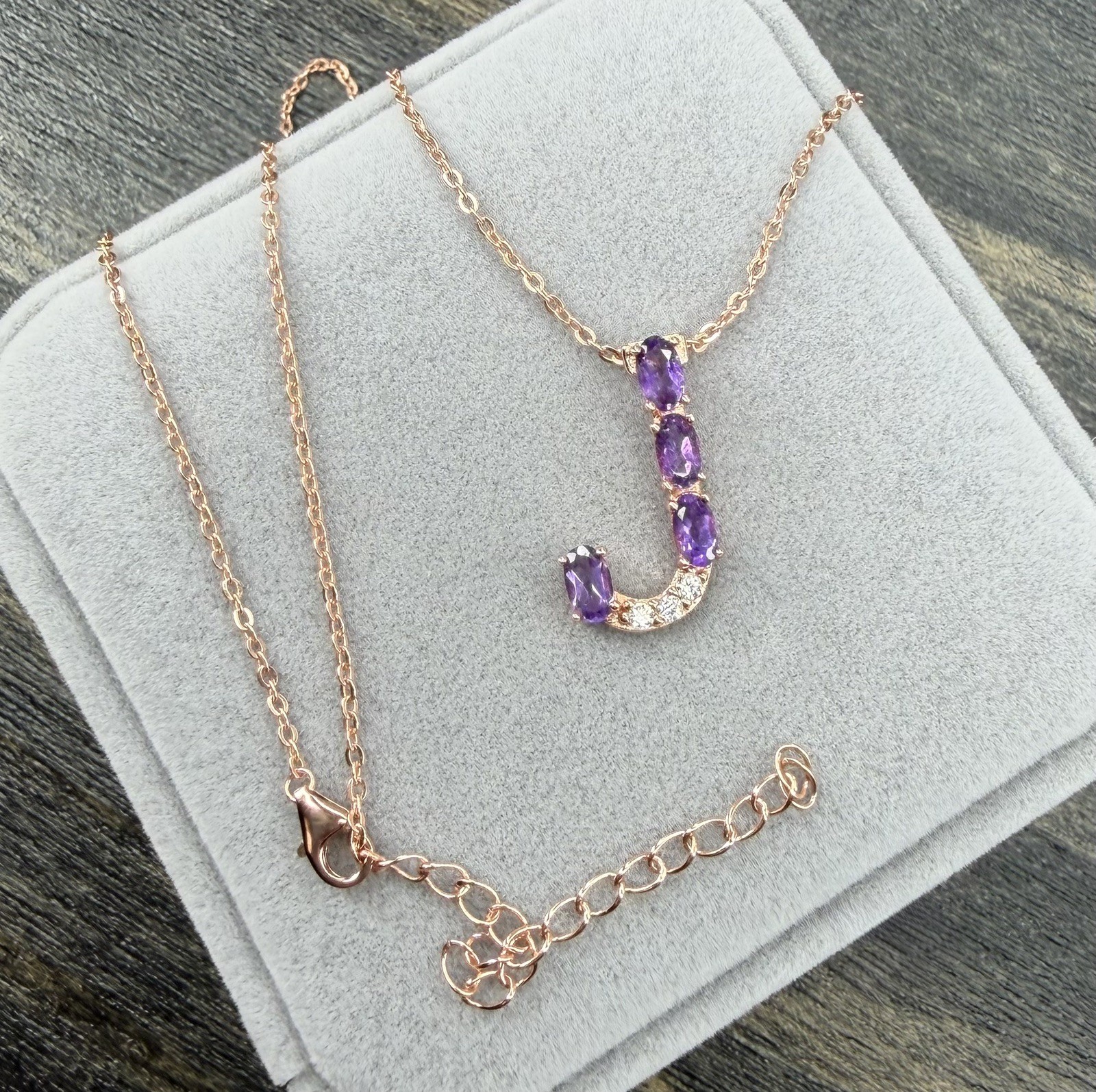Stunning Natural Purple Amethyst Initial J -18K Rose Gold Pendant/Necklace 20 in