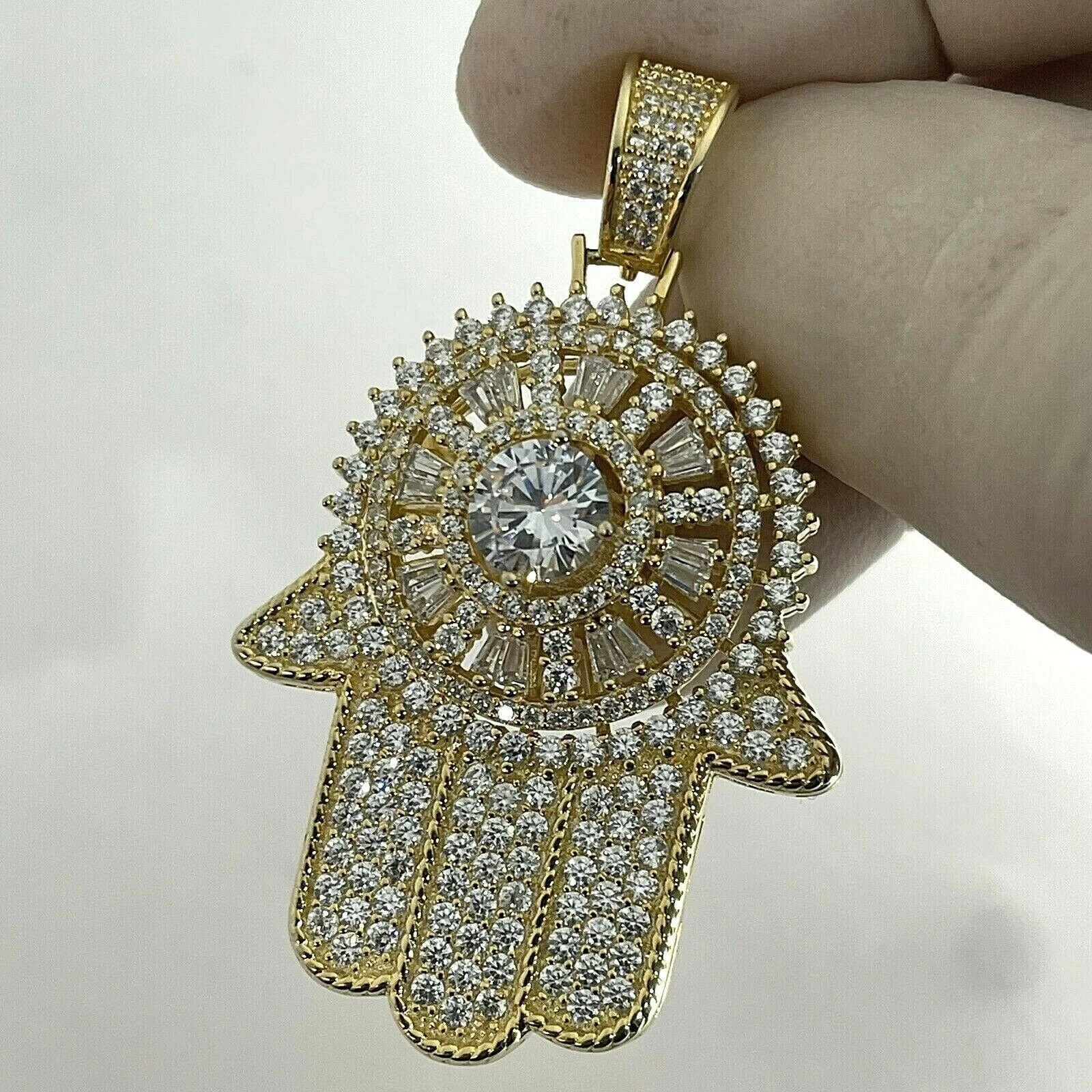 2.20 Ct Round Cut Created Diamond Hamsa Pendant 14K Yellow Gold Over Free Chain
