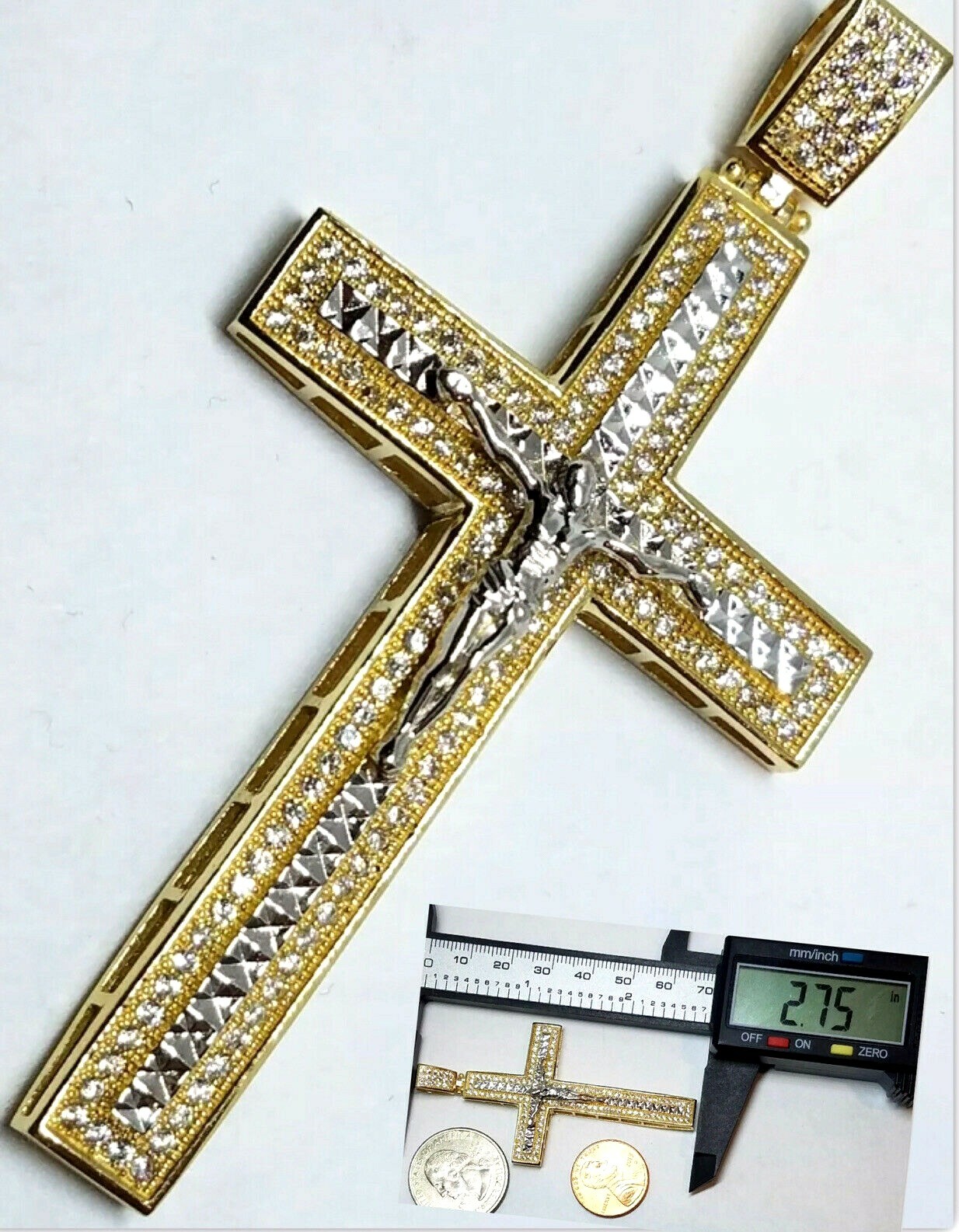 Sale GOLd 14k Cross Jesus crucifix pendant white yellow solid necklace 2.75″