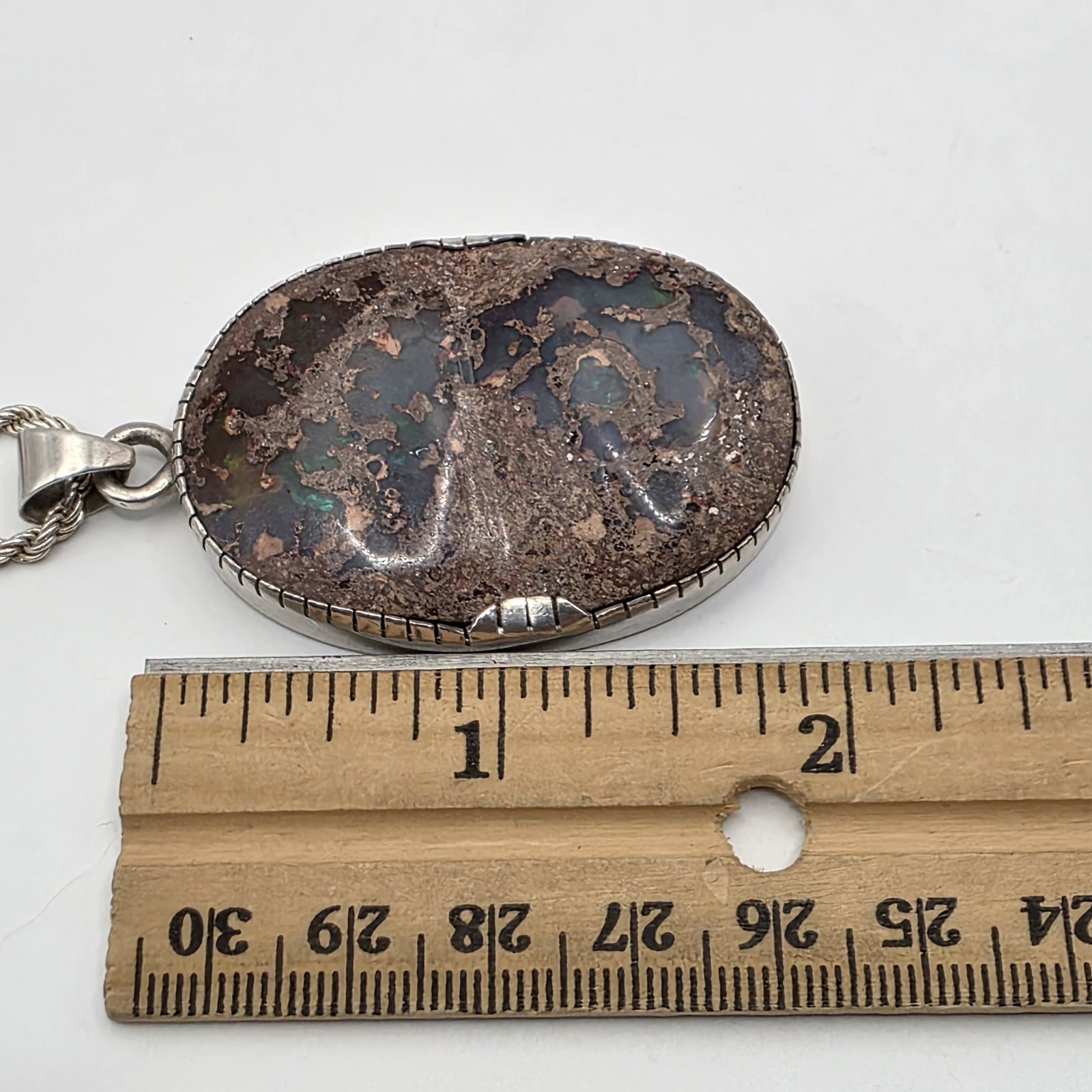 Vtg Natural Australian Boulder Opal Sterling Silver Pendant Necklace 30″ 42.5g