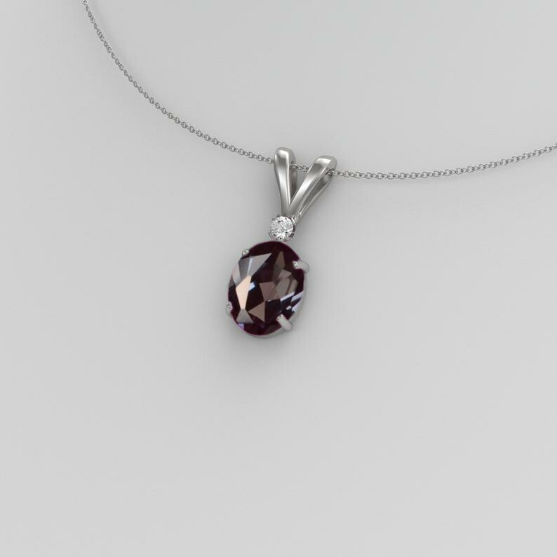 Silver Alexandrite Necklace Oval Cut June Birthstone Color Changing for Women