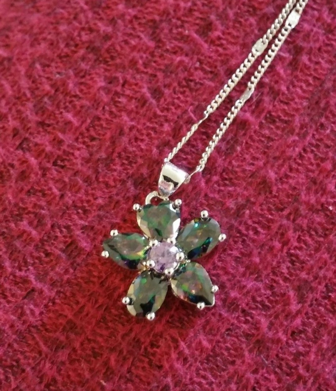 Sterling Silver 925 Mystic Topaz/Amethyst Heart Cut Flower Pendant Necklace Set!