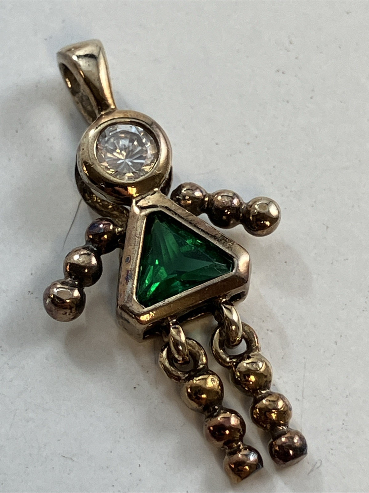 Gold Over Sterling 925 Charm Pendant Birthstone Baby Girl May Green Glass 1.25”