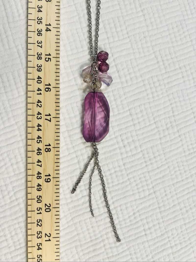 Long Silver Tone Chain Necklace with Large Purple Hard Plastic Crystal Pendant.