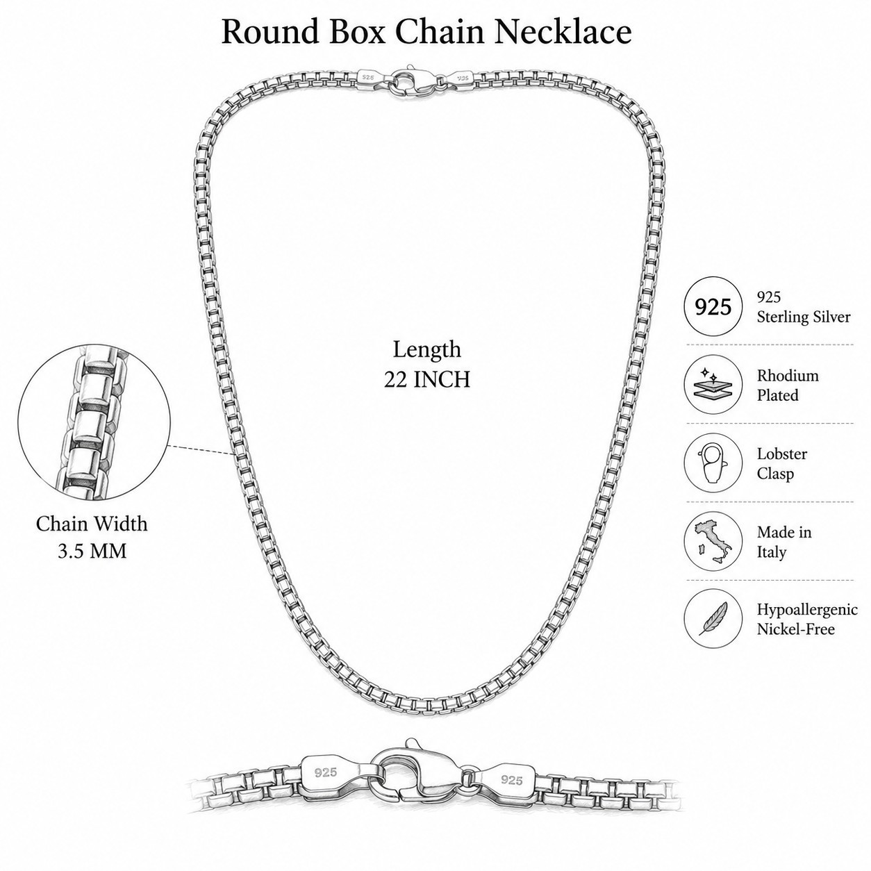 925 Sterling Silver Round Box Chain Necklace 3.5mm 22 Inch Rhodium Plated, Italy