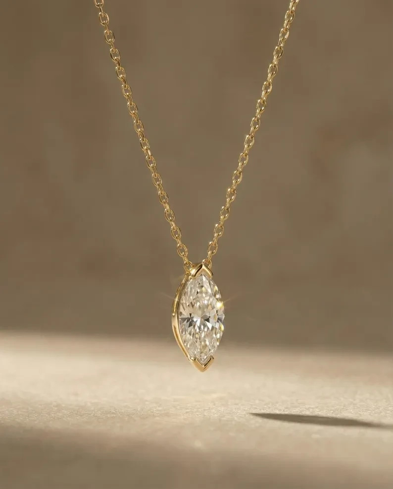1 Ct Marquise Moissanite Solitaire Necklace 14k Gold Plated Gift for Her 18 Inch
