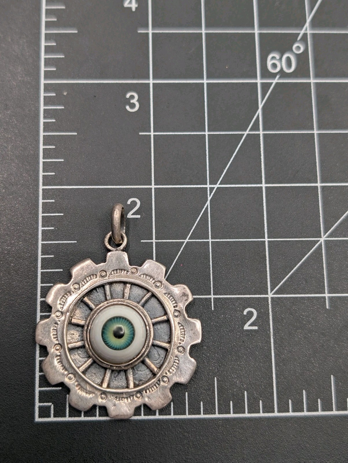 Sterling Silver 925 Evil Eye Good Luck Protection Stamped Steampunk Gear Pendant