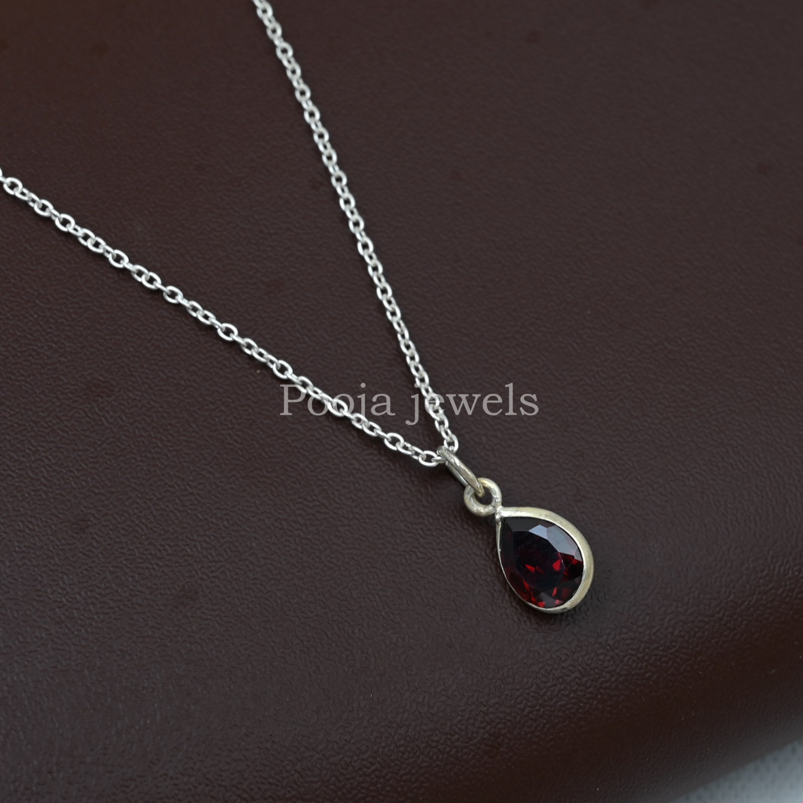 925 Sterling Silver Natural Garnet Pear Teardrop Pendant Red Gemstone Gift