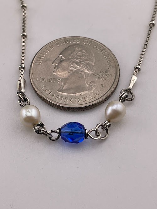 925 STERLING SILVER STATION CHAIN BLUE CRYSTAL/ PEARL NECKLACE 19.5″ CASUAL 2798
