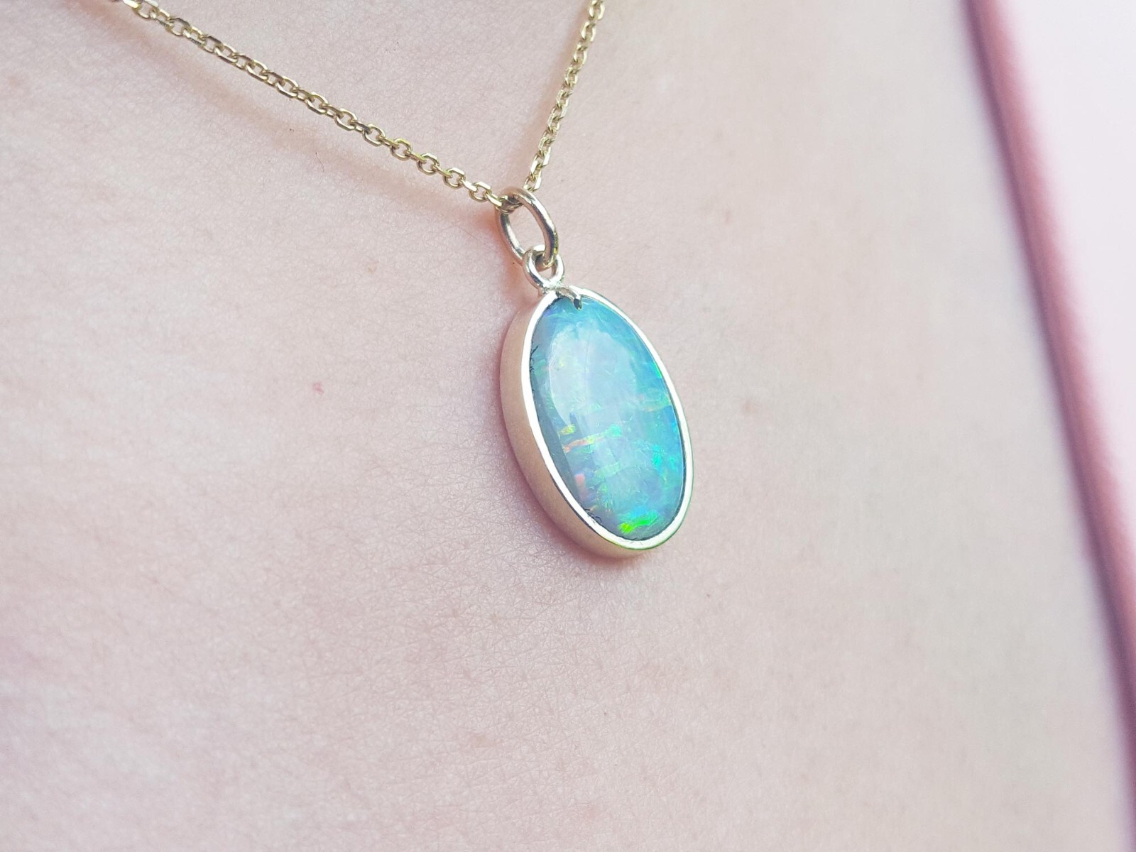 Fire Australian Opal Solitaire Pendant Charm in 14K Yellow Gold