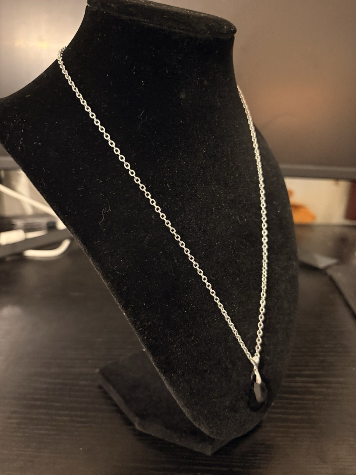 18k White Gold Plated Black Obsidian Pendant on Cable Chain 18”