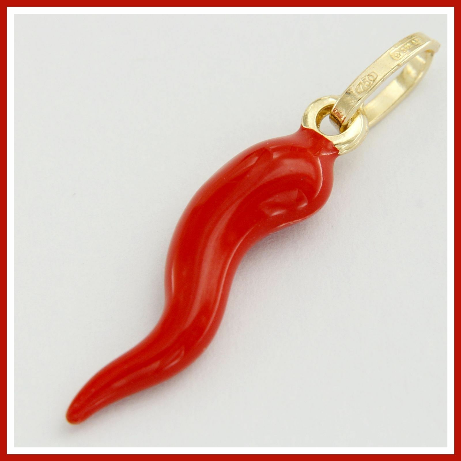 18k Real Yellow GOLD Italian Horn Cornicello Red Enamel Good Luck Charm Pendant