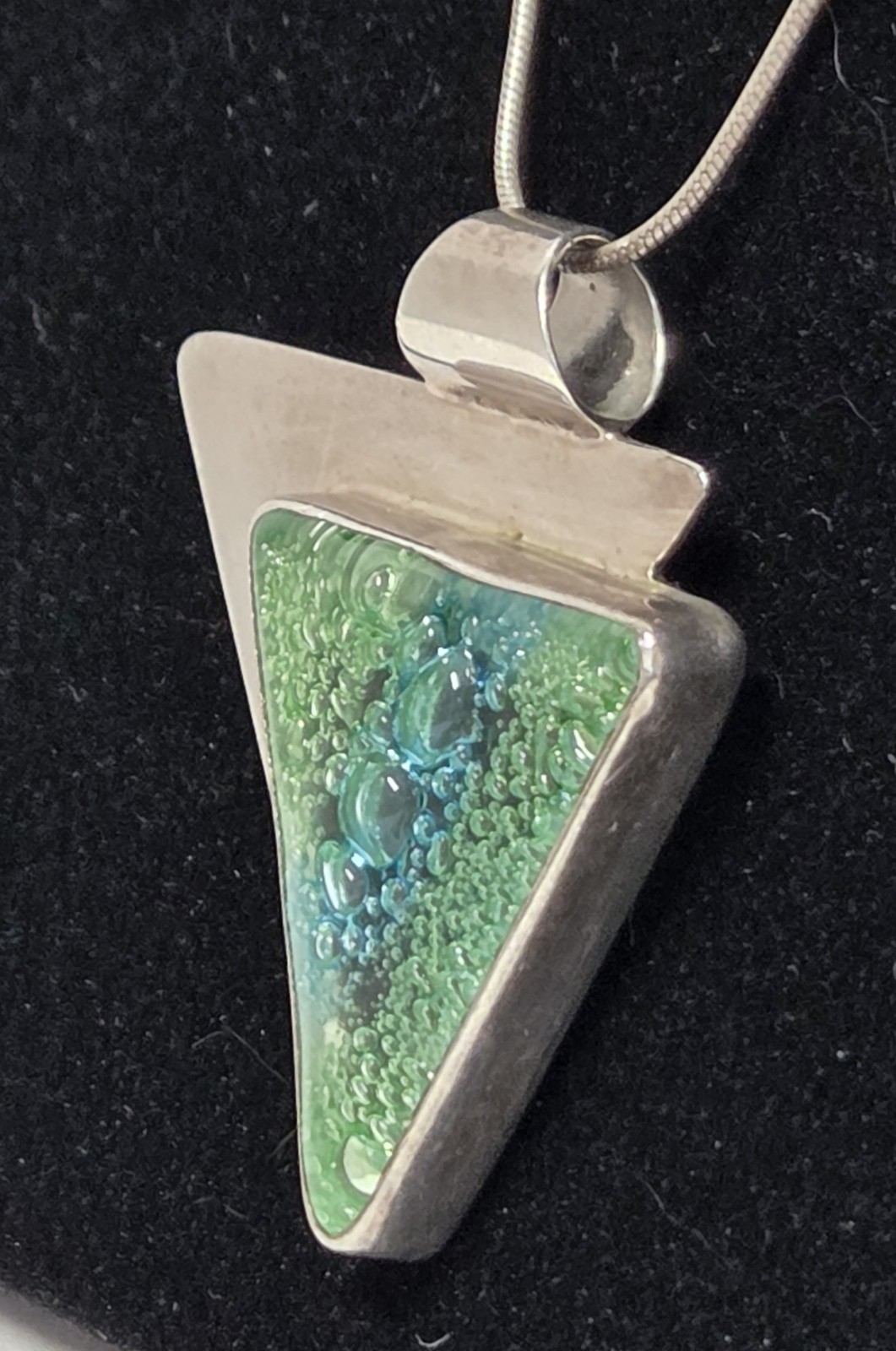 Dichroic Glass Sterling Silver Triangle Pendant Necklace 18″ Green Blue Bubbles