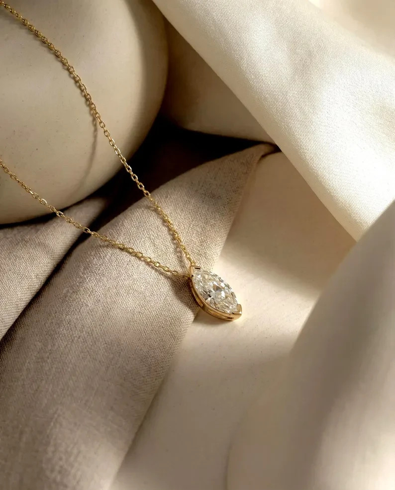1 Ct Marquise Moissanite Solitaire Necklace 14k Gold Plated Gift for Her 18 Inch