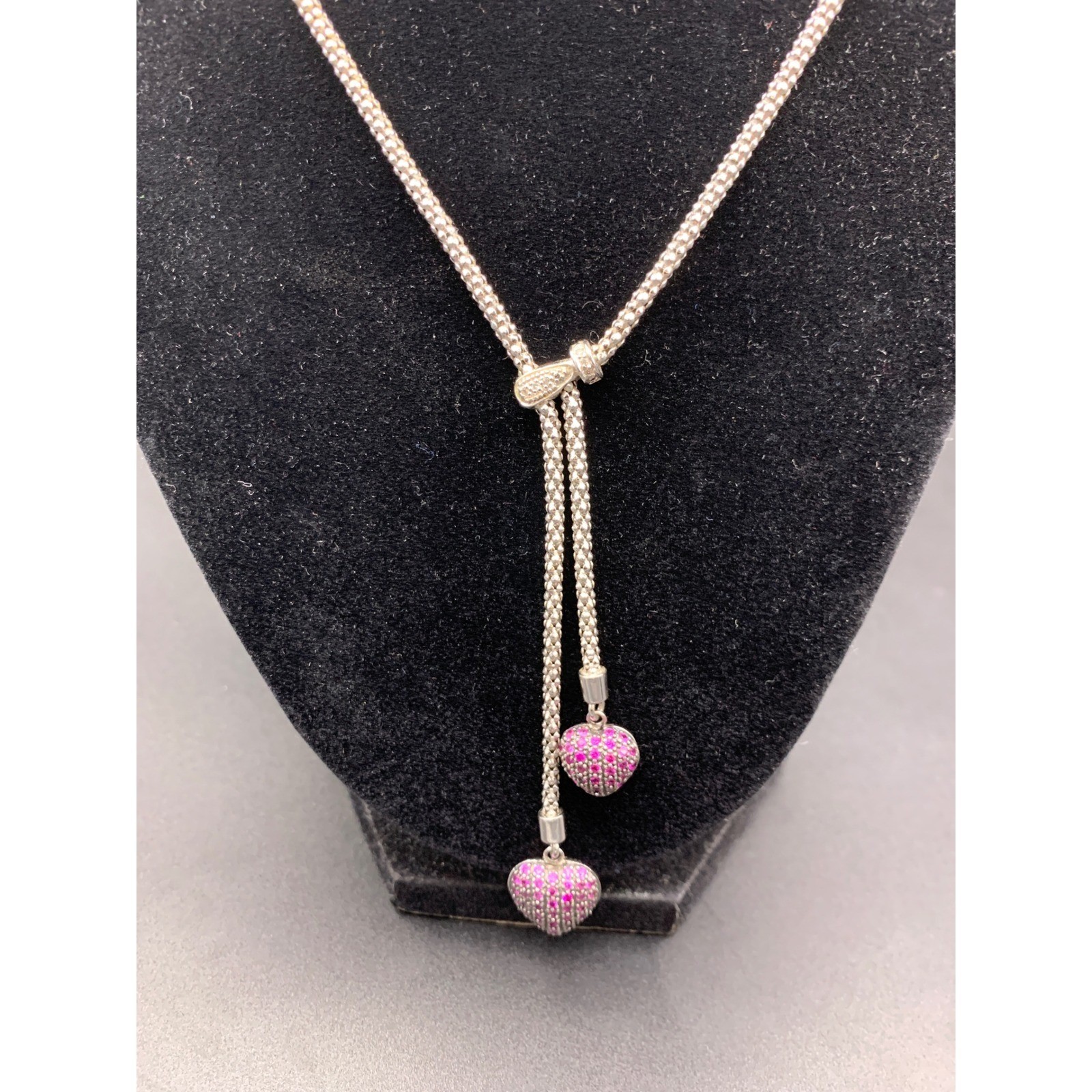 Sterling Silver Pink Pave Heart Lariat Necklace Popcorn Chain Filigree 925 18in