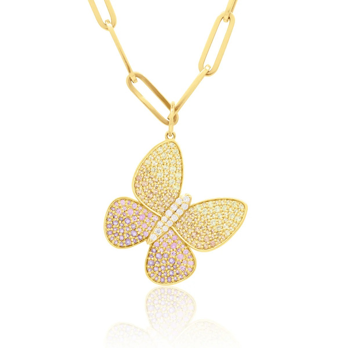 Butterfly Round Diamonds & Sapphire Fine 14k Yellow Gold Pendant With Amethyst