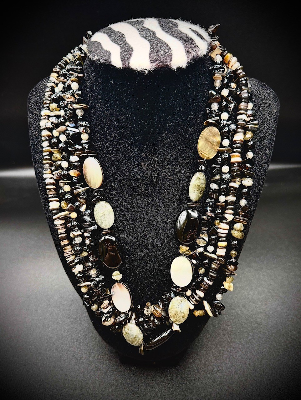 Lucas Lameth Moonstone, Shell, & Onyx Beaded Necklace 925