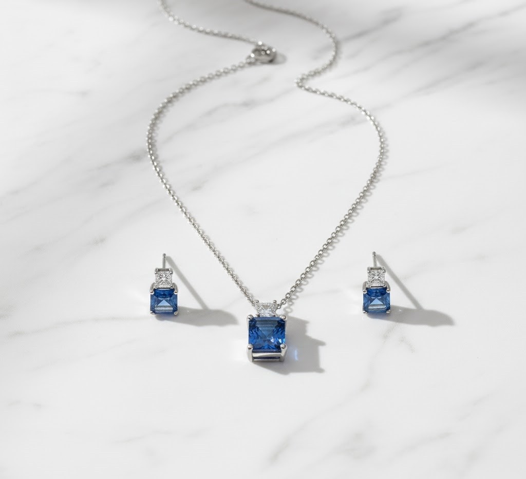 Lab Created Blue Sapphire Pendant Earring Set Everyday Wear 14k White GoldFinish