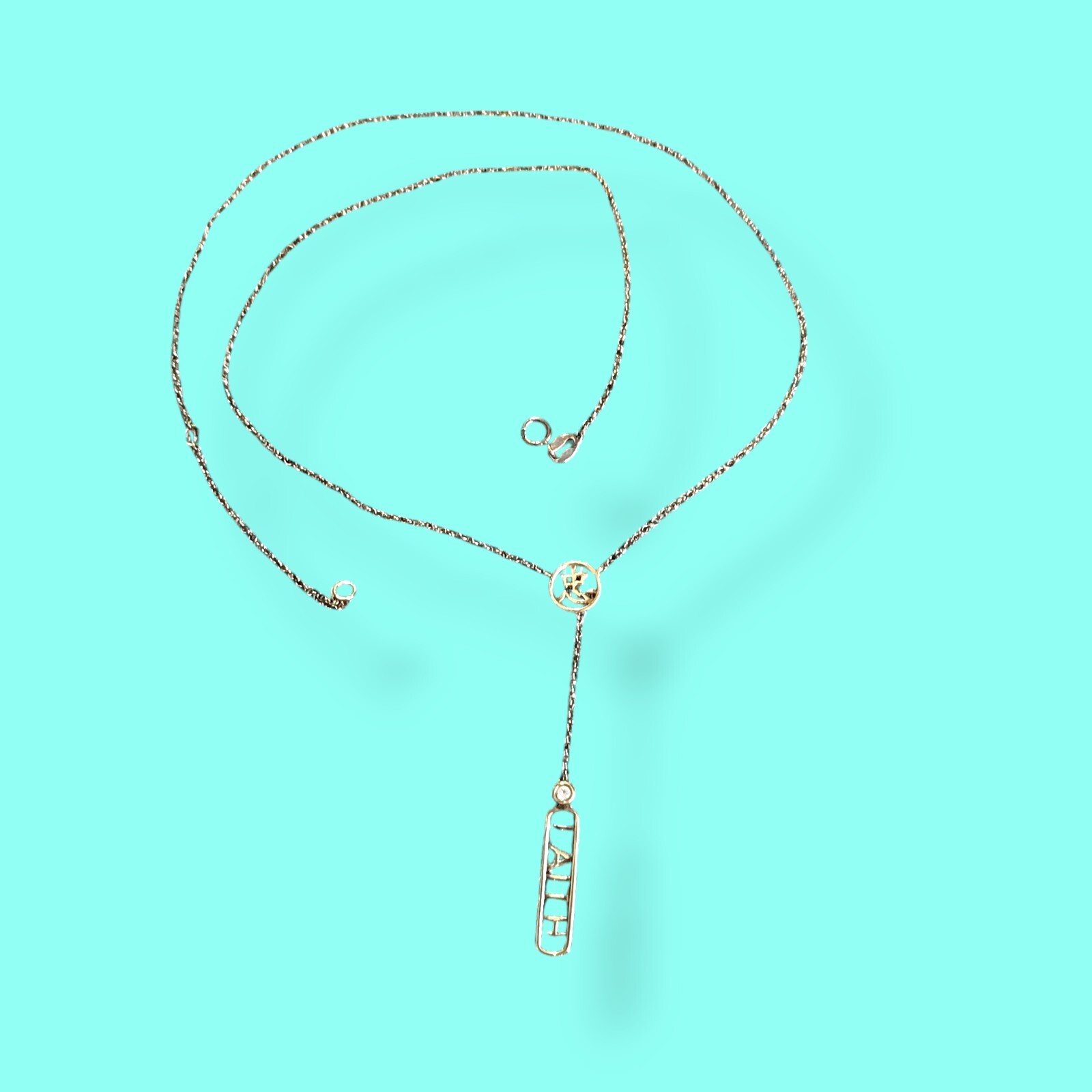 Italy Gold Plated Sterling Silver 925 & Diamond Faith Lariat Necklace 19in