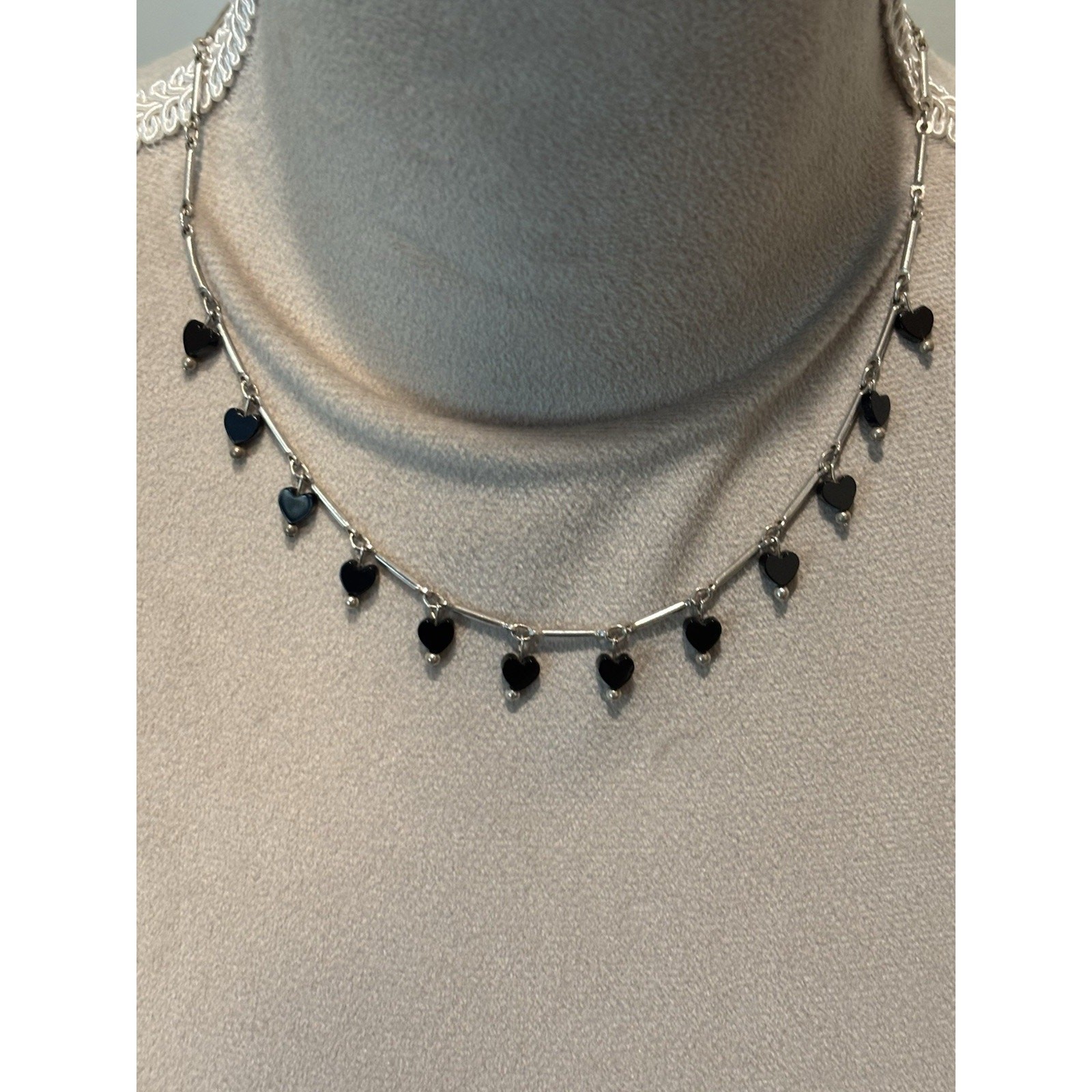 Sterling Silver 17” Bar Link Necklace With Black Heart Dangles 925