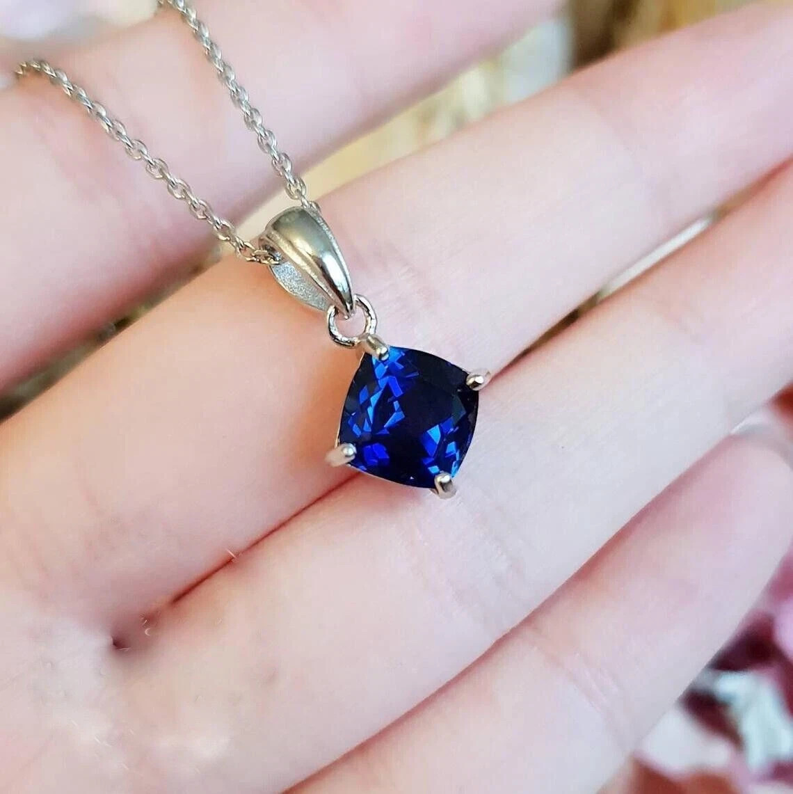 2 CT Cushion Solitaire Blue Sapphire Pendant With Free Chain 14K White Gold FN