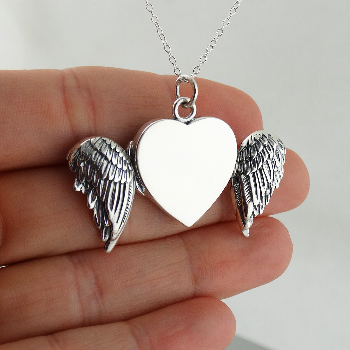 Angel Wings Heart Locket Necklace – 925 Sterling Silver – Love Gift Memorial NEW