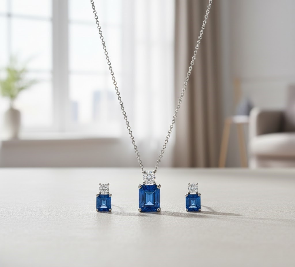 Lab Created Blue Sapphire Pendant Earring Set Everyday Wear 14k White GoldFinish