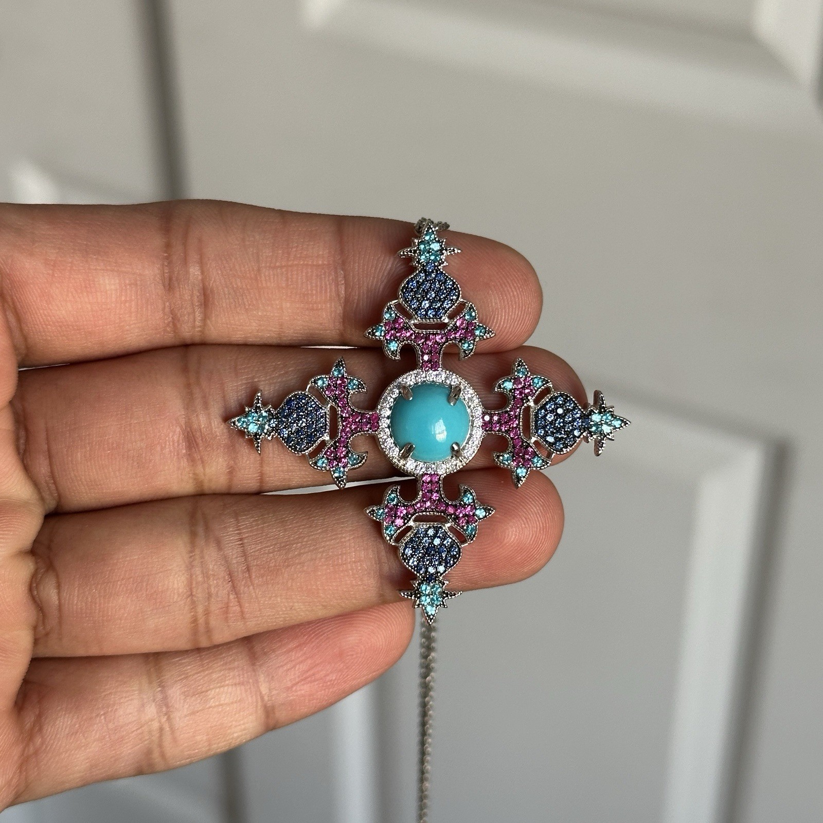 Vintage Art Deco Sleeping Beauty Turquoise Sapphire Cross Pendant 925 Silver