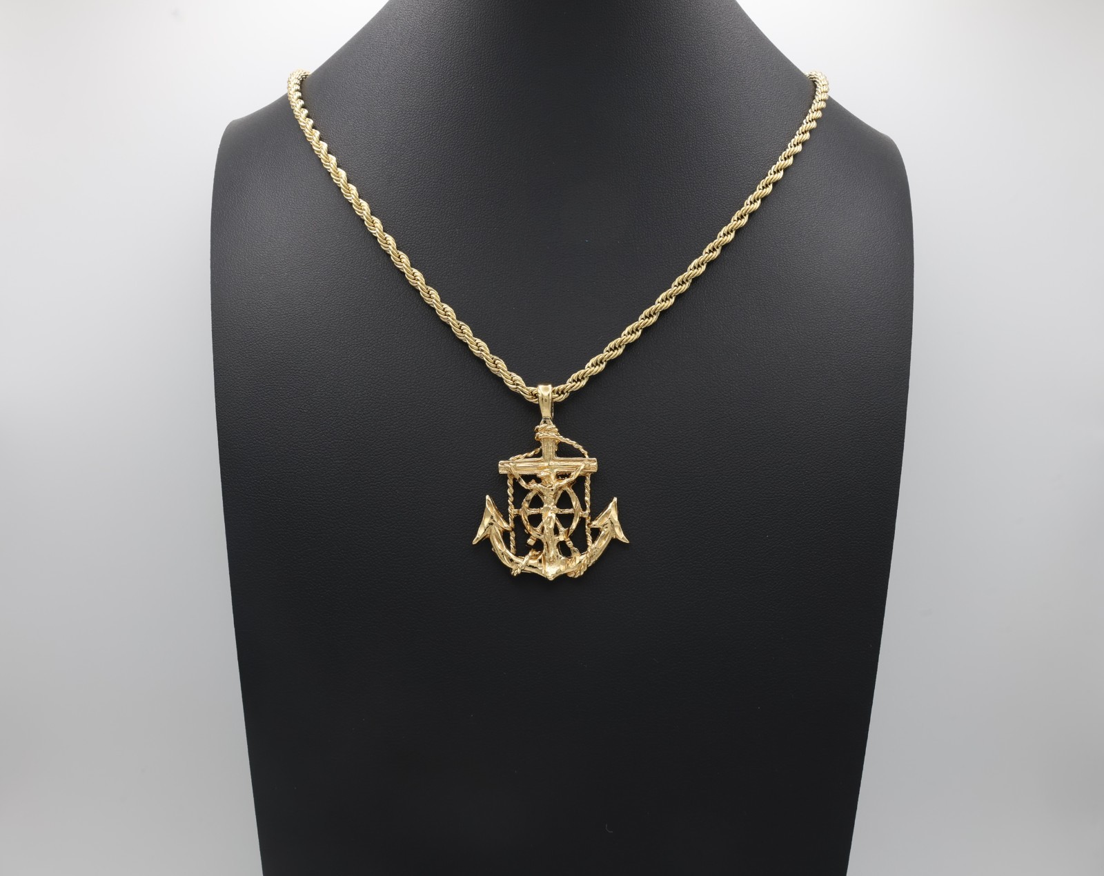 Gold Anchor Jesus Necklace, 4mm Rope Chain, 14k Gold Plated