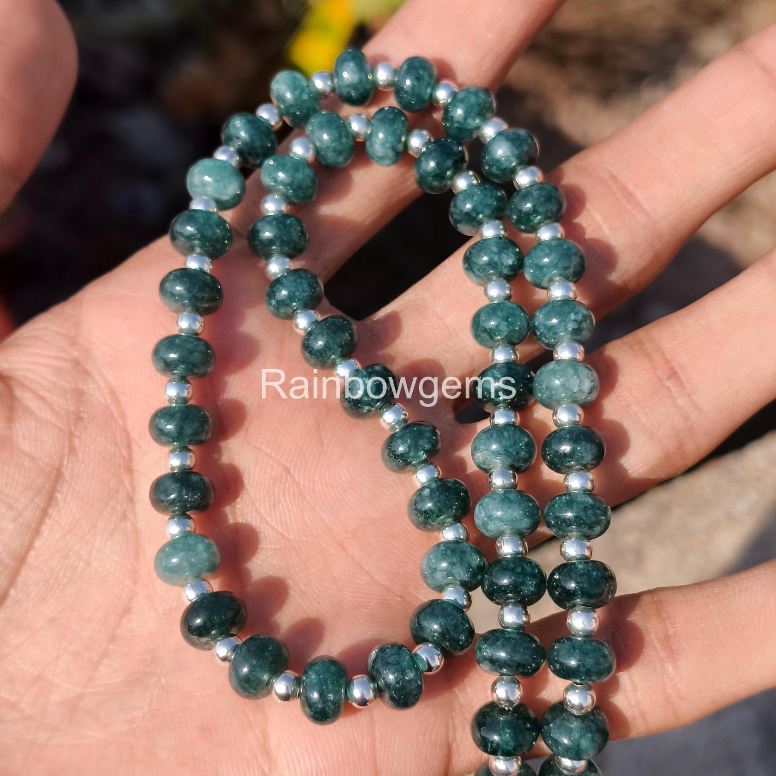 Natural Grandidierite Beaded Necklace 8mm Rondelle Gemstone Beads, Rare Teal Gre