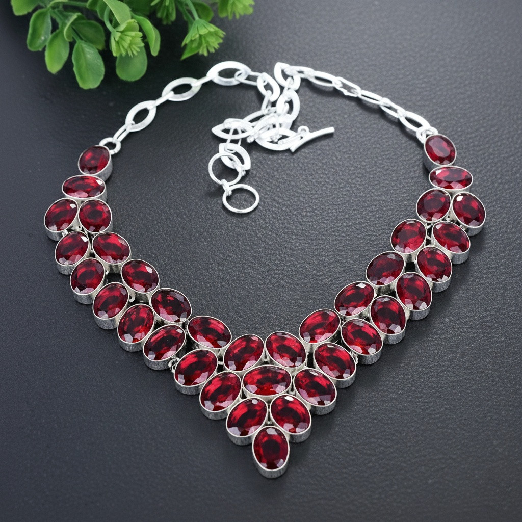 Red Garnet Gemstone Silver Necklace 925 Sterling Silver Women’s Jewelry Necklace